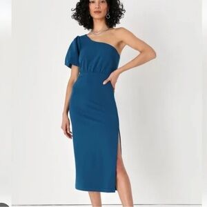 Lulus Ultimate Poise Teal Blue One-Shoulder Midi Dress